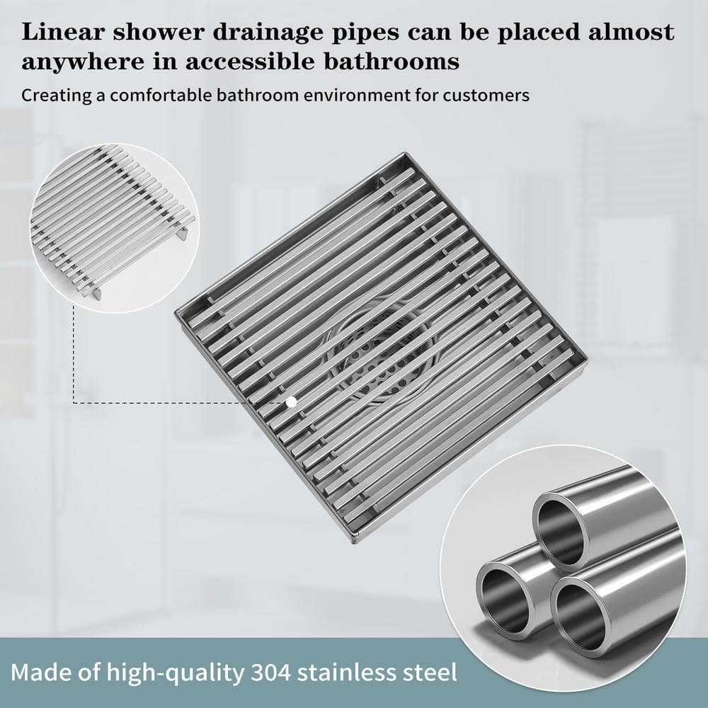 6-Inch Brushed Nickel Square Stainless Steel Shower Drain