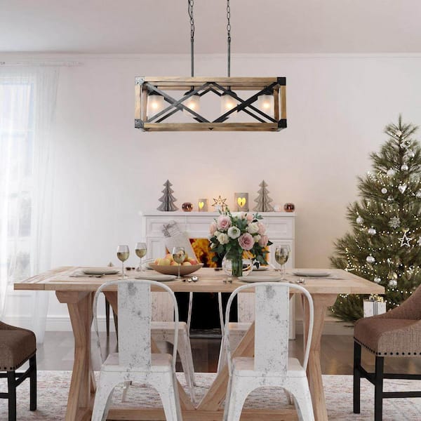 LNC Farmhouse Dining Room Chandelier, 4-Light Brown Wood/Black Metal Kitchen  Island Pendant with White Frosted Glass Shades A02989 - The Home Depot