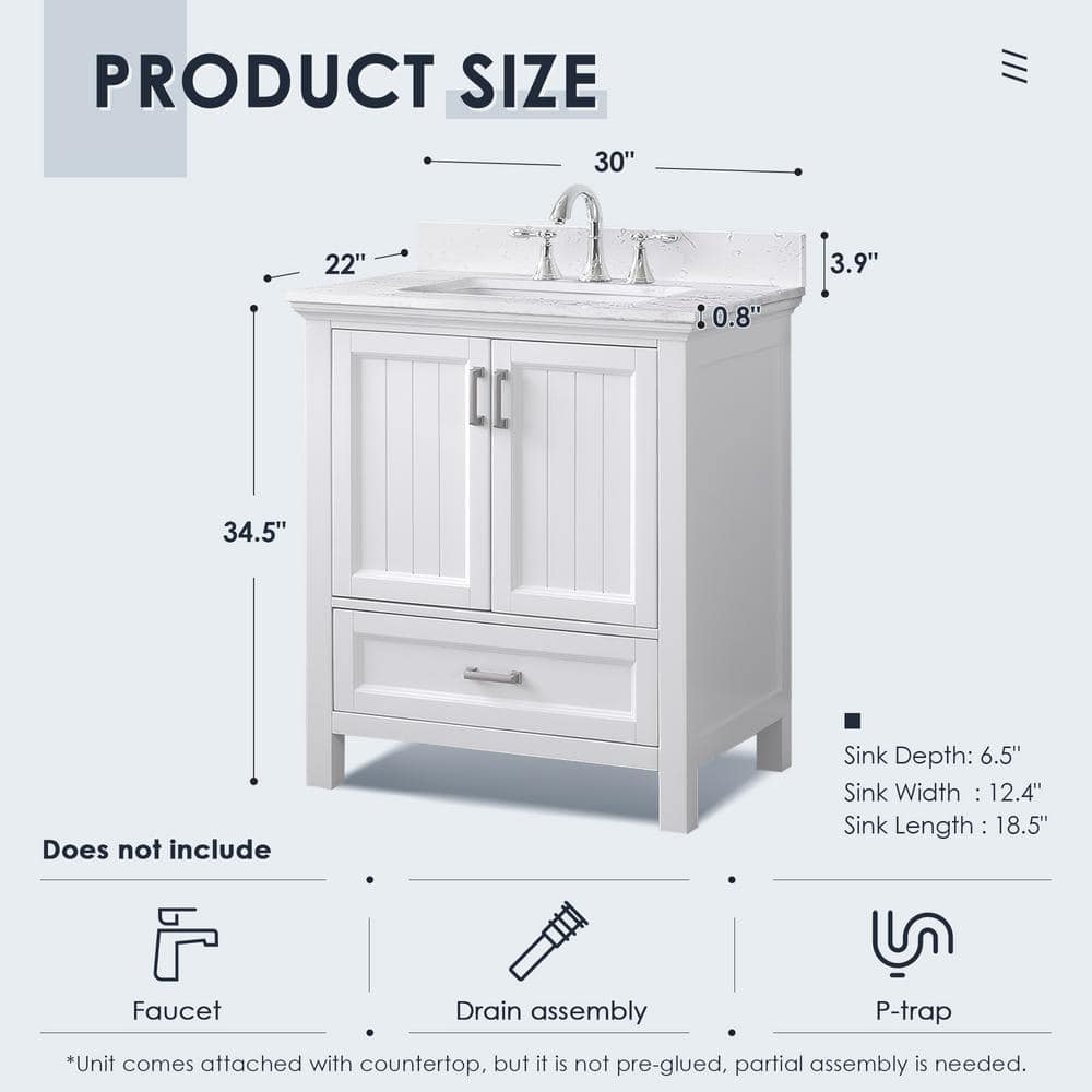 Isla 30" White Single Bathroom Vanity with Marble Countertop