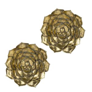 Anky Resin 10 in. x 20 in. Gold Wall Architectural Decor 2-Piece Succulent Wall Plaque