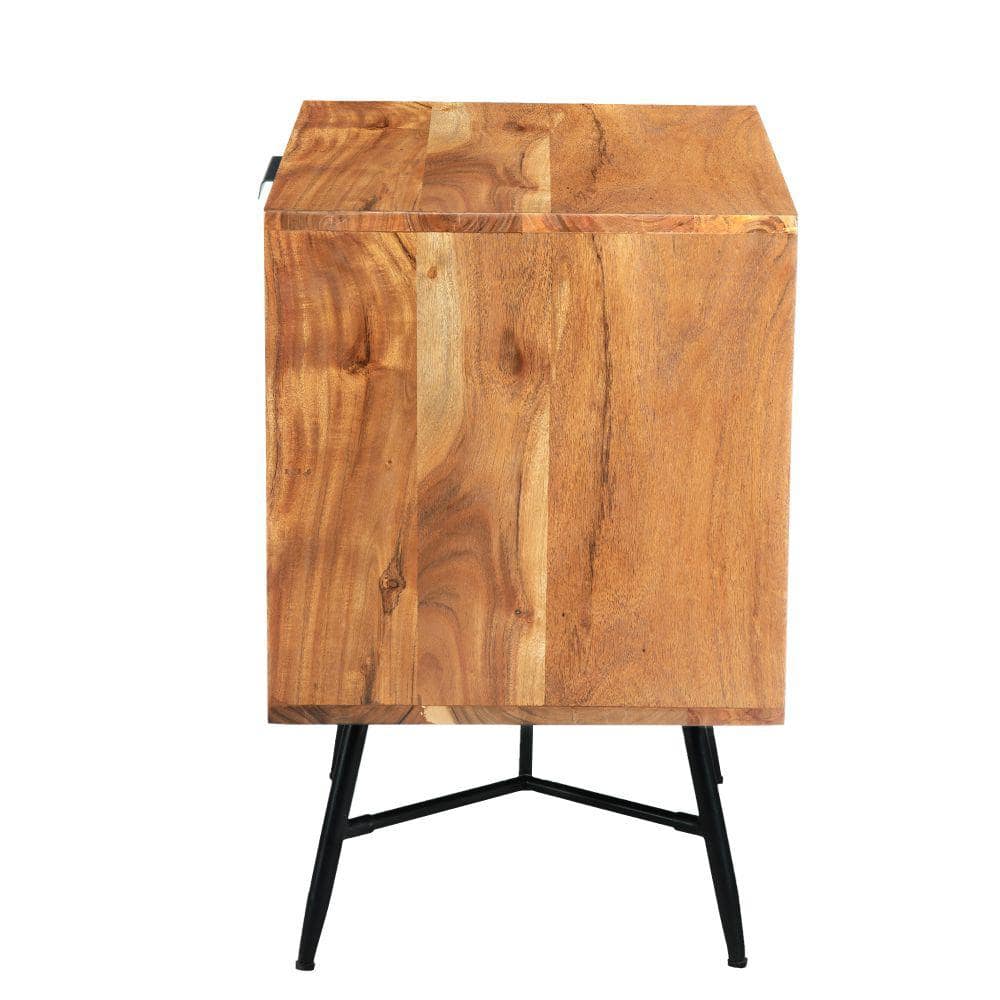 Luxury Acacia Wood 2-Drawer Nightstand with Metal Legs, Black and Brown