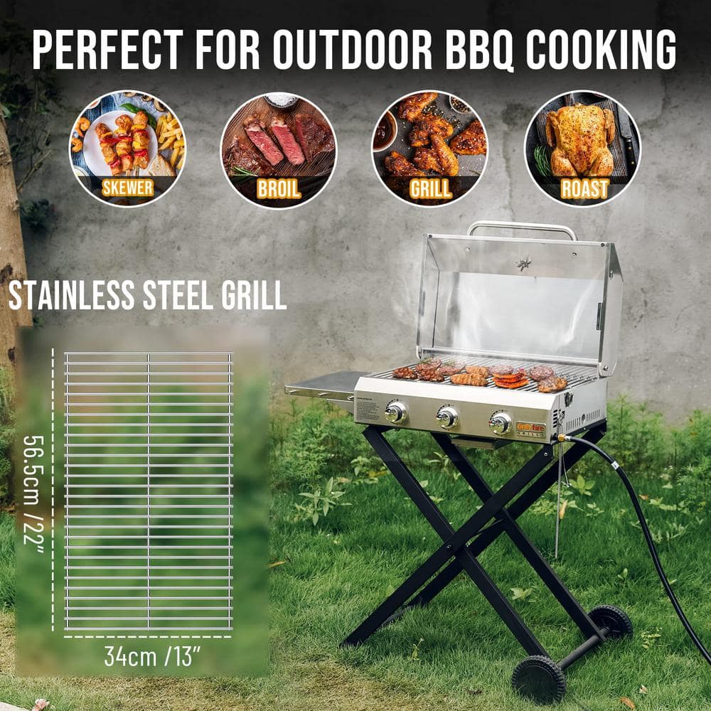 Compact Stainless Steel 3-Burner Propane Gas Grill with Foldable Cart