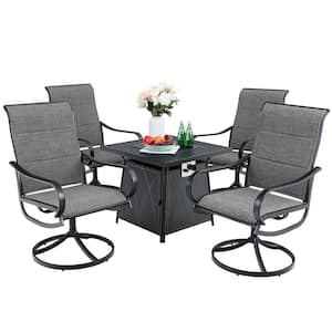 Black 5-Piece Metal Patio Fire Pit Set with Padded Textilene Swivel Chairs