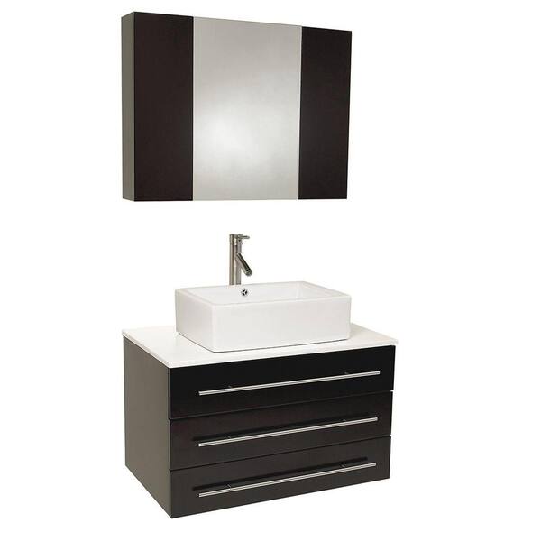 Fresca Modell0 32 in. Vanity in Espresso with Marble Vanity Top in White with White Basin and Mirrored Medicine Cabinet