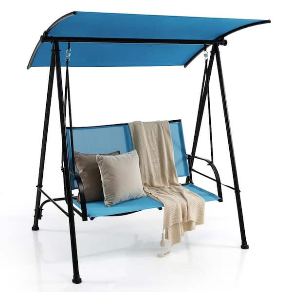 Costway 2-Seat Metal Patio Swing Porch Swing with Adjustable Canopy for Garden Dark Blue