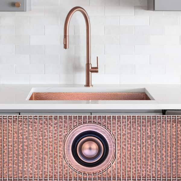 Luxury 30 in. Drop-In or Undermount Single Bowl 12-Gauge Medium Patina Copper Kitchen Sink with Grid and Disposal Flange