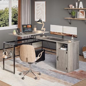 60 in. Wash Grey Reversible L-Shaped Computer Desk With Lift-Top and Cabinet
