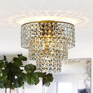 5-Light 17.7 in. W Antique Gold Cone Shape Ceiling Light Tiered Flush Mount with Clear Crystals Beads
