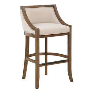 Houston 40.25 in. High Warm Brown Curved Back Wood 30 in. Seat Height Bar Stool with Fabric Seat and Back