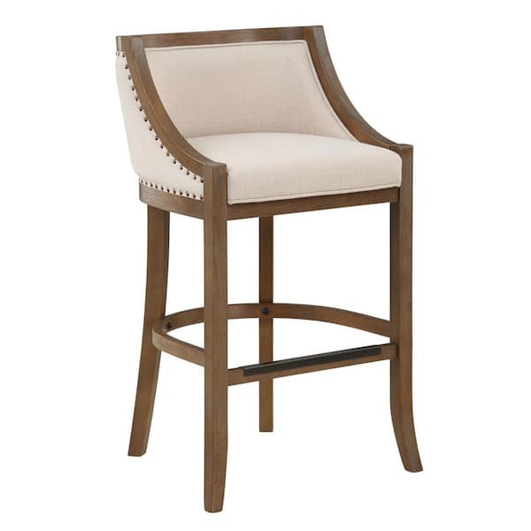American Woodcrafters Houston 40.25 in. High Warm Brown Curved Back Wood 30 in. Seat Height Bar Stool with Fabric Seat and Back