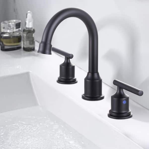 8 in. Widespread 3 Hole Double Handle Bathroom Faucet with Pop-up Drain and cUPC Water Supply Lines in Matte Black
