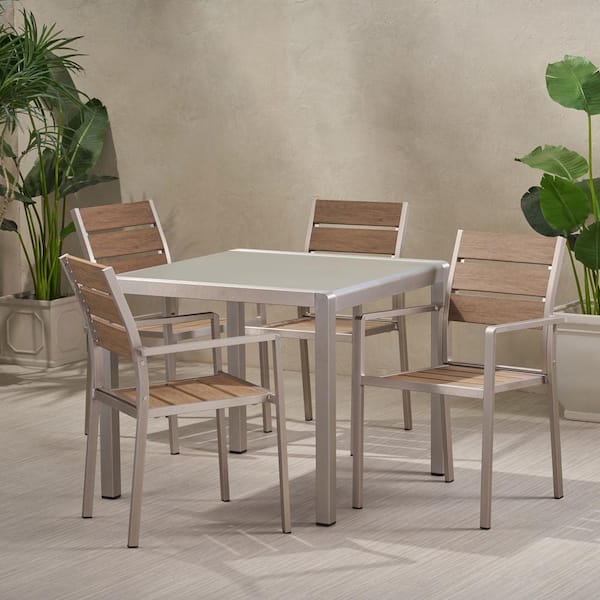 Noble House Cape Coral 30 in. Silver 5-Piece Metal Square Outdoor Dining Set
