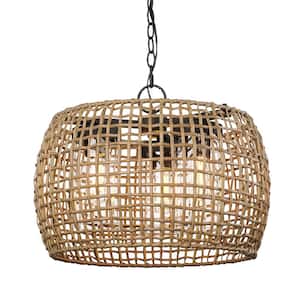 Piper 14.38 in. 3-Light Natural Black Outdoor Pendant Light with Maple All-Weather Wicker Shade