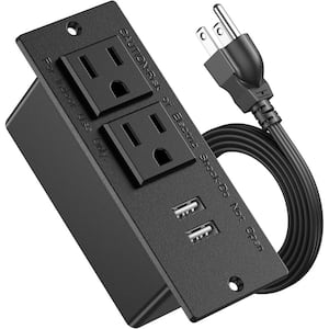 2-Outlet Flush Mount Conference Recessed Power Strip Socket with 2 USB Port & 9.8 ft. Cord in Black