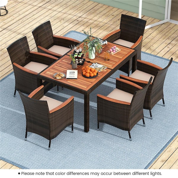 7-Piece Acacia Wood Rectangle 29 in. Outdoor Dining Set with Cushion Guard Beige