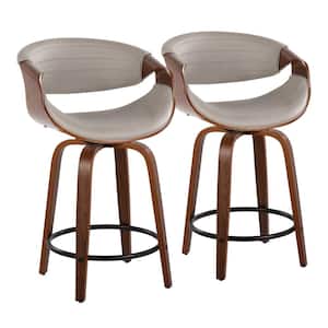 Symphony 24 in. Grey Faux Leather, Walnut Wood and Black Metal Fixed-Height Counter Stool (Set of 2)