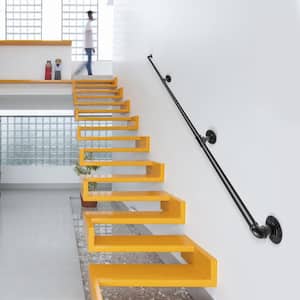 8 ft. Pipe Stair Handrail 440 lbs. Load Capacity Wall Mounted Handrail Round Corner Handrails for Outdoor Steps in Black