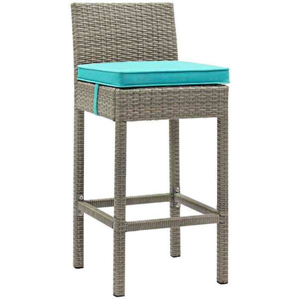 MODWAY Modway Conduit Wicker Rattan Outdoor Patio Bar Stool with Cushion in Light Gray Turquoise