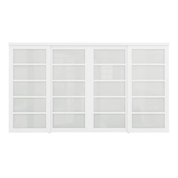 144 in. x 80 in. 5 Lite White Tempered Frosted Glass Closet Sliding Door with Hardware