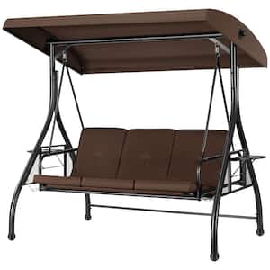 3-Person Steel Metal Outdoor Patio Swing with Canopy and Cushions in Brown