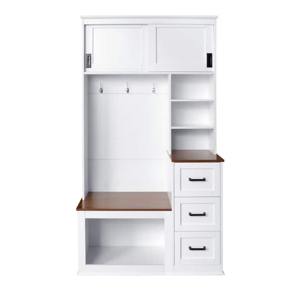 Polibi Modern Entryway Bench with Coat Rack, 3 Shelves and Drawers, 3 Sturdy Hooks, Storage Bench for Hallway, Entryway, White