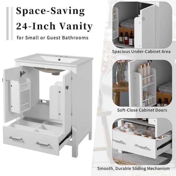 24 in. W Modern Freestanding Single Sink White Bath Vanity with White Ceramic Top, Door Storage Rack (Unassembled)