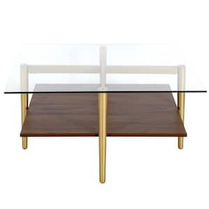 32 in. Gold Square Glass Coffee Table with Shelves;Storage