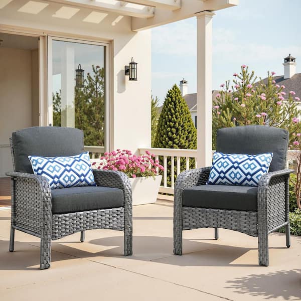 Gray Wicker Single Outdoor Lounge Chair Patio Single Dinging Chair with Black Cushion for Deck, Porch (2-Pack)