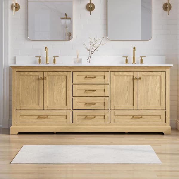 Fully Assembled 80 in. Solid Wood Freestanding Double Sink Oak Bath Vanity with Pure White Cultured Marble Top