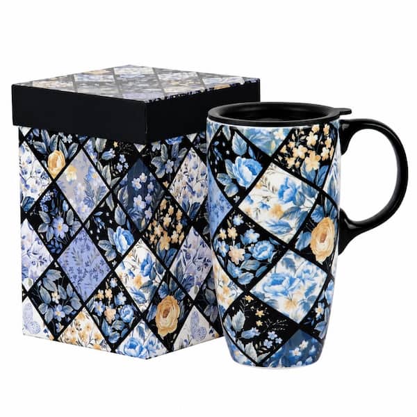 Tall Ceramic Coffee Mug with Lid and Handle Blue Flower Pattern 17 oz Porcelain Tea Cup 3.5 x 6.5 x 6.5