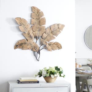 32 in. x  36 in. Metal Brown Clutter Palm Leaf Wall Decor with Distressed Textured