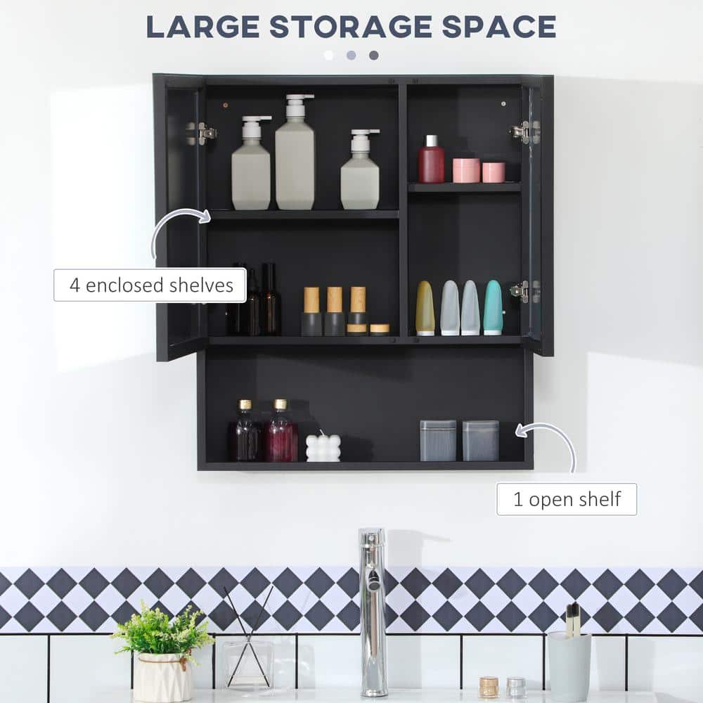 Black Wall-Mounted Medicine Cabinet with Double Mirror Doors and Storage Shelves
