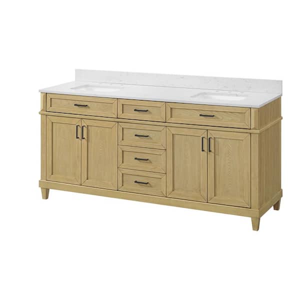 Talmore 72 in W x 22 in D x 35 in H Double Sink Bath Vanity in Light Oak With White Engineered Marble Top