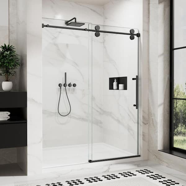 60 in. W x 72 in. H Single Sliding Frameless Shower Door in Matte Black with 5/16 in. Tempered Clear Glass