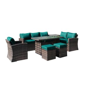 Sabrina Brown 7-Piece Wicker Outdoor Patio Conversation Seating Sofa Set with Green Thick Cushions