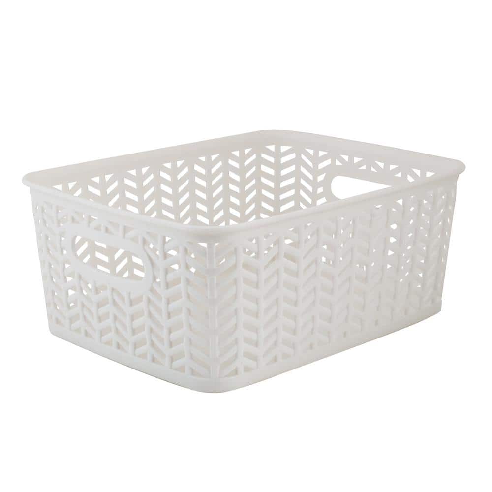 Small White Herringbone Plastic Storage Baskets with Handles, 3-Pack