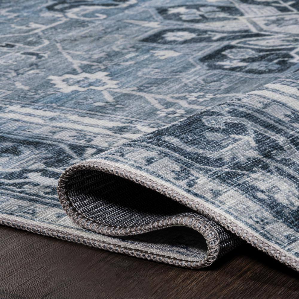 Blue and Cream Medallion Washable Synthetic Area Rug 8' x 10'