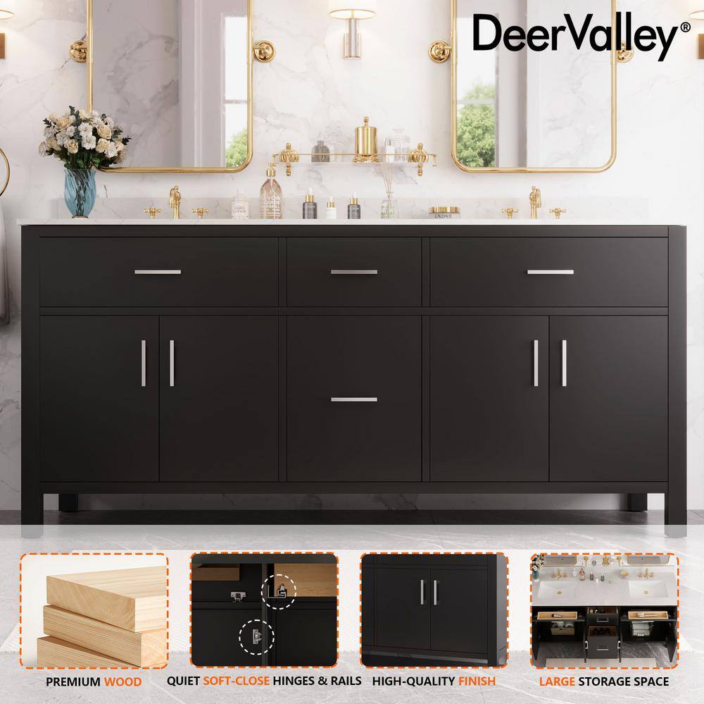 72" Black Double Freestanding Bathroom Vanity with Marble Top