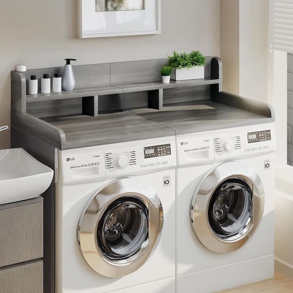 Washer Dryer Countertop with Non-Slip Pads, Laundry Wood Shelf Topper with Edge in Gray+White Matte