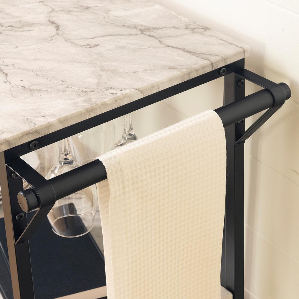 Black Faux Marble Rectangular Bar Cart with Wine Rack
