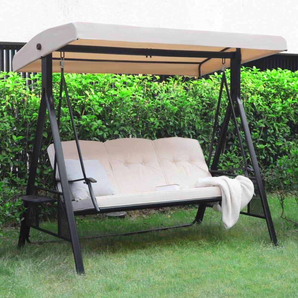 VEIKOUS 3-Person Metal Patio Swing Chair With Converting Canopy Porch ...