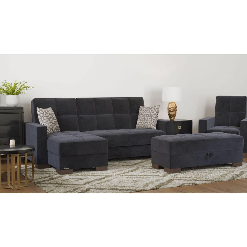Reversible L-Shaped Black Microfiber Sectional with Storage and Metal Frame