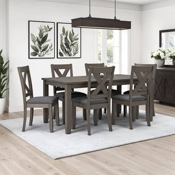 7-Piece Rectangle Gray Wood Top Dining Table and Chair Set (Seats 6)