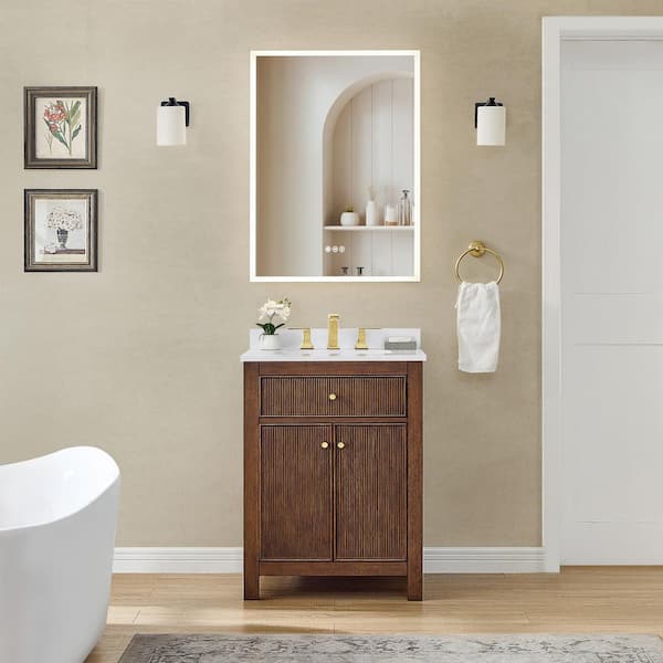 Pendry 24 in. Single Freestanding Dark Walnut with Brushed Gold Trim Bath Vanity with White Cultured Marble Top