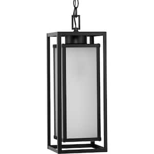 Unison 1-Light 19.37 in Matte Black Etched Seeded Glass Contemporary Hanging Lantern