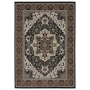 Victoria Navy/Multi-Colored Navy 4 ft. x 6 ft. Center Oriental Medallion Polyester Fringed-Edge Indoor Area Rug