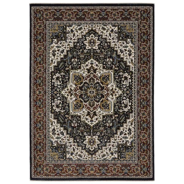 AVERLEY HOME Victoria Navy/Multi-Colored Navy 5 ft. x 8 ft. Center Oriental Medallion Polyester Fringed-Edge Indoor Area Rug