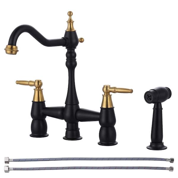 Brass Double Handle Bridge Kitchen Faucet with Side Sprayer in Black and Gold