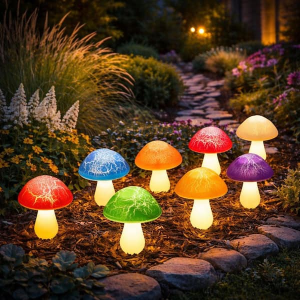 9 in. Mushroom Multicolor Metal Solar Garden Torch Waterproof LED