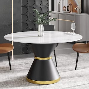 53.15 in. White Sintered Stone Round Top Pedestal Black Base Dining Table (Seats 6)